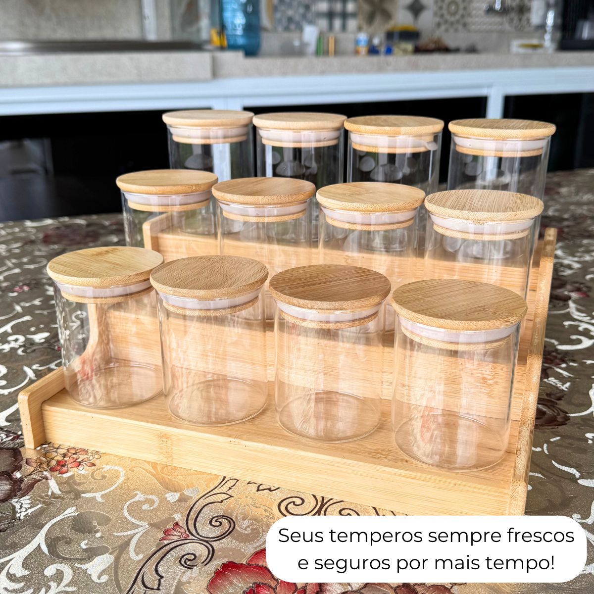 Kit 12 Potes Porta Tempero Hermético 200ml Com Organizador em Bambu