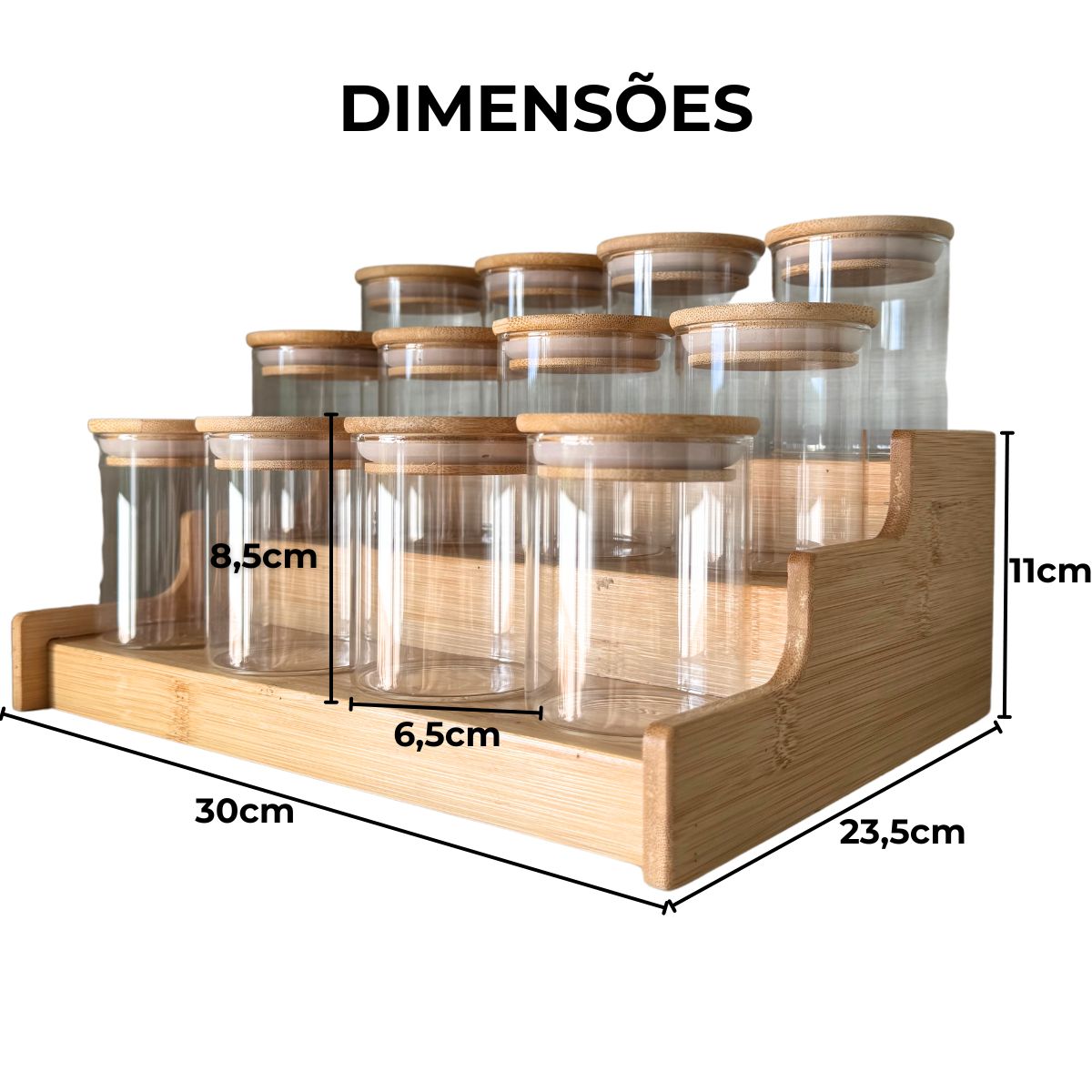 Kit 12 Potes Porta Tempero Hermético 200ml Com Organizador em Bambu
