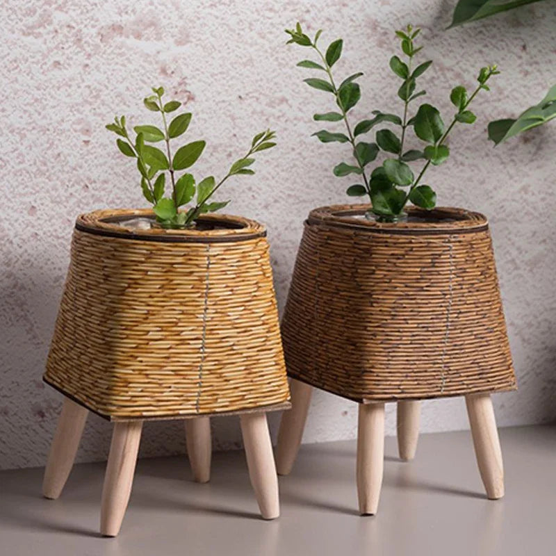 Cachepot de Rattan com Suporte de Madeira