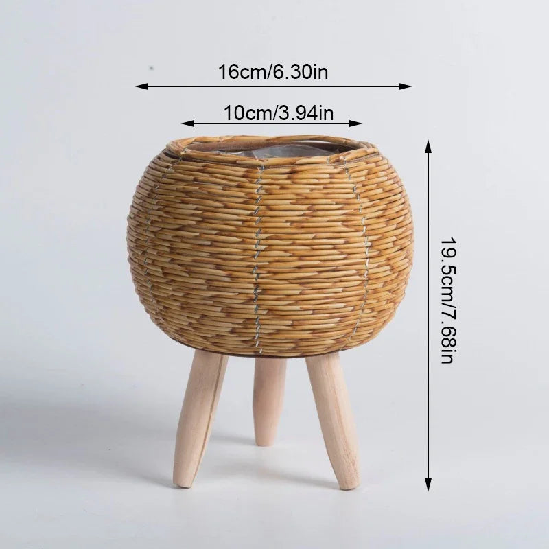 Cachepot de Rattan com Suporte de Madeira