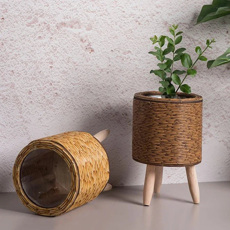 Cachepot de Rattan com Suporte de Madeira