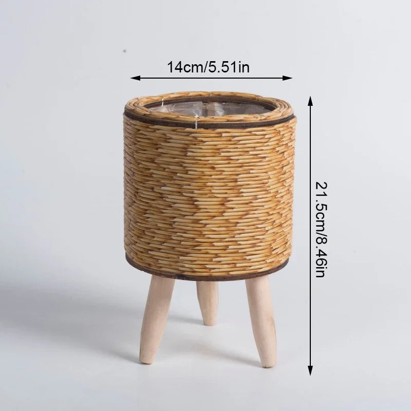 Cachepot de Rattan com Suporte de Madeira