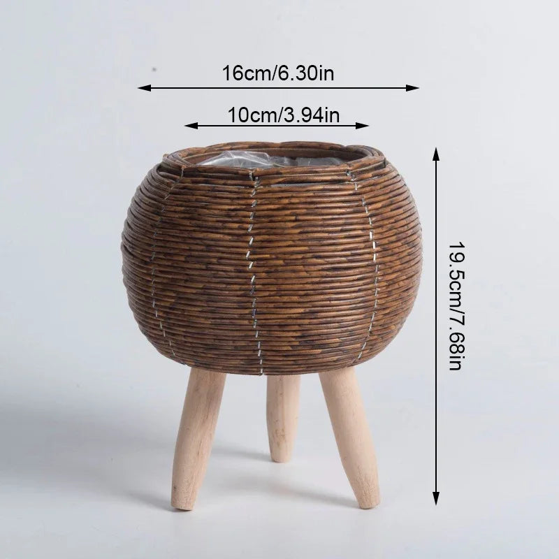 Cachepot de Rattan com Suporte de Madeira