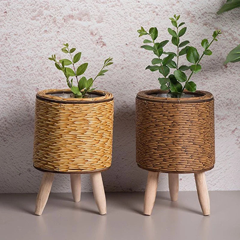 Cachepot de Rattan com Suporte de Madeira